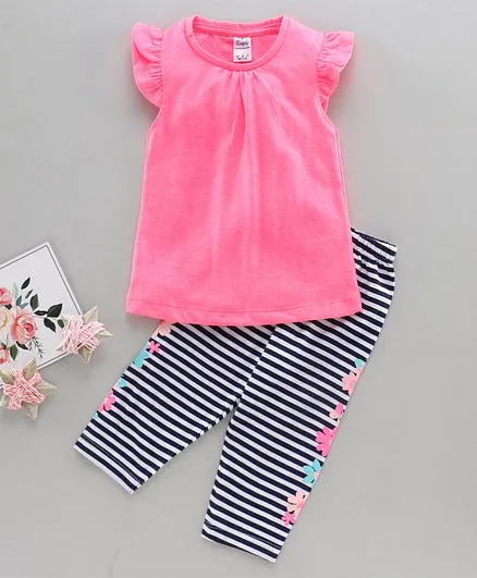 Simply Short Sleeves Top and Leggings Set Stripes - Black Pink