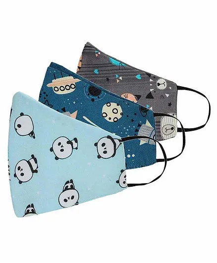 Tossido Kids 100% Premium Soft Cotton Vibrant Anti Microbial Mask Blue Grey - Pack of 3