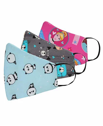 Tossido 100% Premium Cotton 3 Ply Anti Microbial Face Masks Blue Pink Grey - Pack of 3