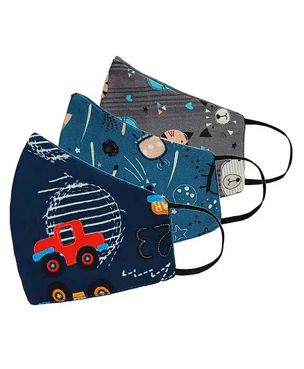 Tossido Kids 100% Premium Soft Cotton Vibrant 3 Ply Anti Microbial Masks Multicolour - Pack of 3
