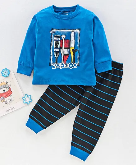 Cucumber Full Sleeves Tee and Lounge Pant Set Sports Print - Blue
