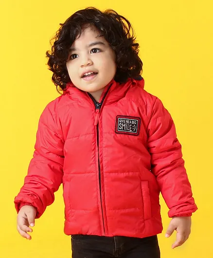 Babyhug Full Sleeves Hooded Padded Jacket Text Embroidery - Red