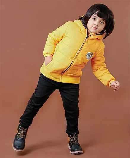 Babyhug Full Sleeves Hooded Padded Jacket Football Patch - Yellow