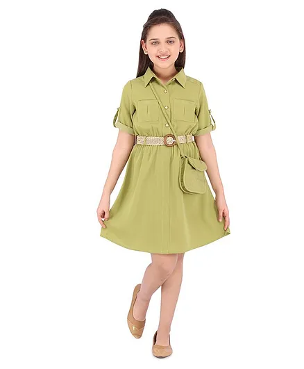Cutecumber Solid Colour Half Sleeves Shirt Dress With Sling Bag - Green
