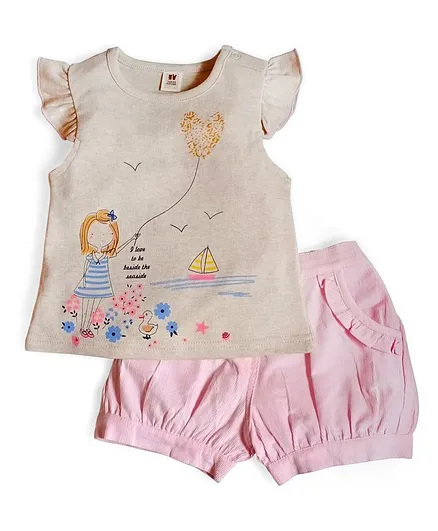 ToffyHouse Flutter Sleeves Top with Shorts Allover Print - Pink