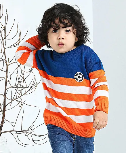 Babyhug Full Sleeves Stripe Sweater Football Patch - Orange Blue