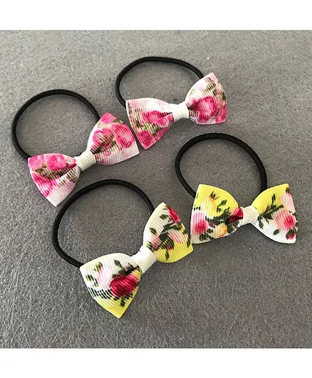 Kalacaree Set Of 4 Floral Print Bow Rubber Bands - Pink & Yellow