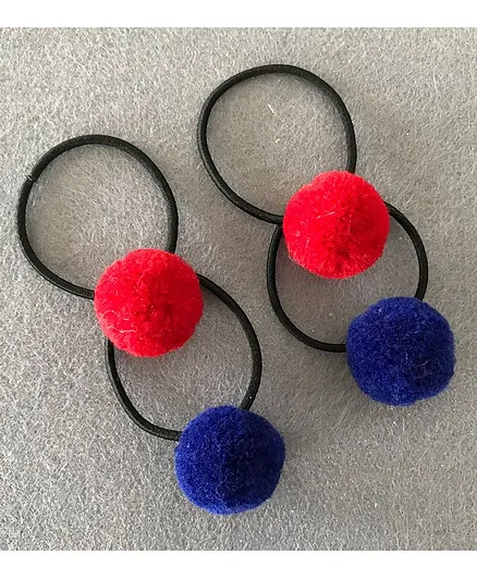 Kalacaree Set Of 4 Pom Pom Rubber Bands - Red And Blue