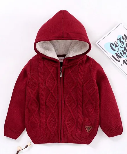 Babyhug Full Sleeves Hooded Sweater Self Design - Maroon