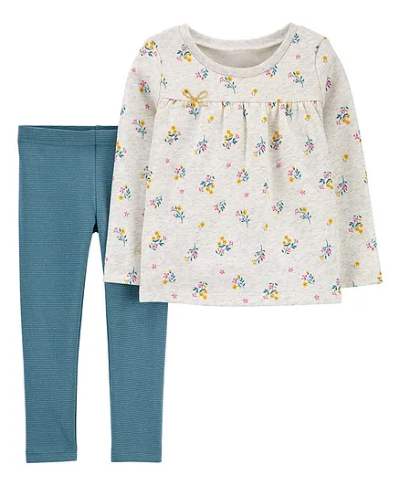 Carter's 2-Piece Floral Warm Fleece Top & Metallic Legging Set - Grey Blue