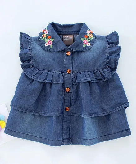 Little Kangaroos Flutter Sleeves Denim Top With Embroidery - Blue