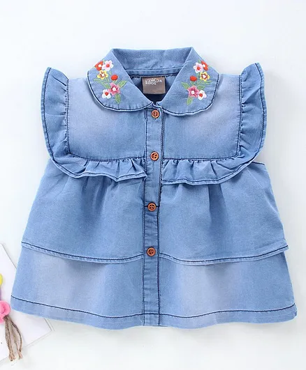 Little Kangaroos Flutter Sleeves Denim Top With Embroidery - Blue