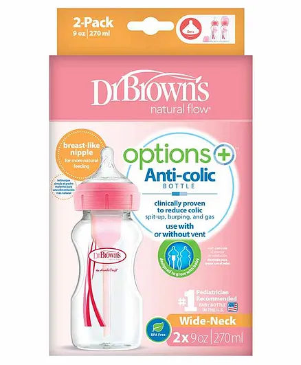 Dr Brown's Feeding Bottle With Wide Neck Pack of 2 Pink - 270 ml Each
