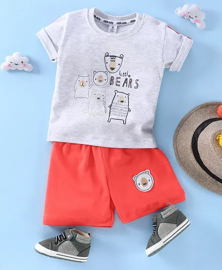 Little Folks Half Sleeves Tee & Shorts Bear Print - Grey Red