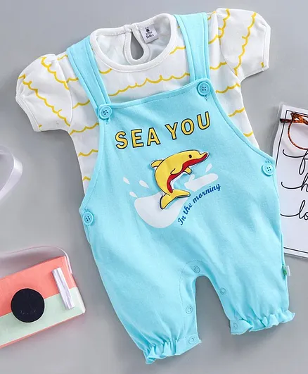 Little Folks Dungaree Style Romper with Half Sleeves Inner Tee Dolphin Print - Blue