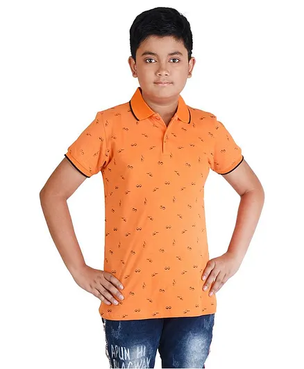 Clothe Funn Half Sleeves Polo Neck Sunglasses Print Tee - Orange