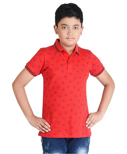 Clothe Funn Half Sleeves Ship Print Tee - Red