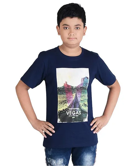 Clothe Funn Half Sleeves Vegas Print T-Shirt - Navy