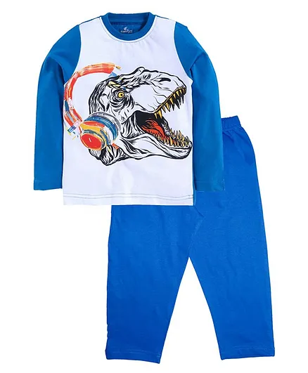 Kiddopanti Full Sleeves Dinosaur Print Night Suit - Blue