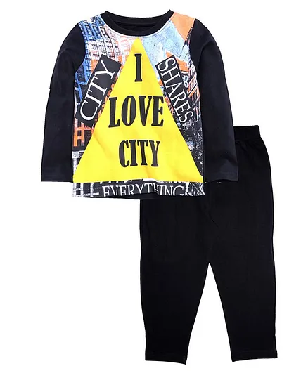 Kiddopanti I Love City Print Full Sleeves Night Suit - Black