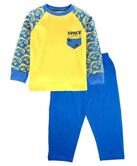 Kiddopanti Full Sleeves Space Print Night Suit - Yellow