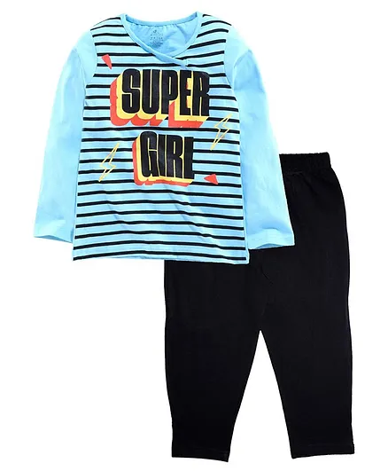 Kiddopanti Full Sleeves Super Girl Print Night Suit - Blue