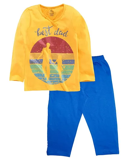 Kiddopanti Full Sleeves Best Dad Print Night Suit - Yellow & Royal Blue