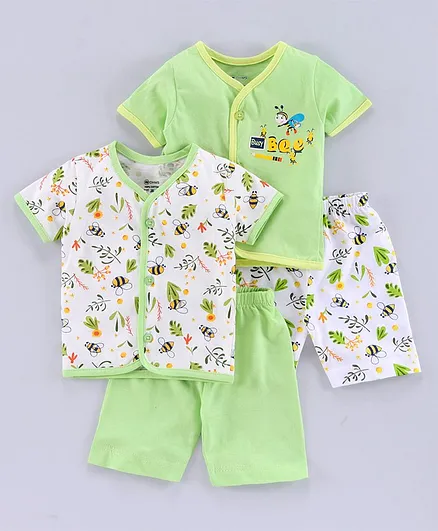 OHMS 100%Cotton Half Sleeves Vests & Shorts Bee Print Pack of 2 - Green White