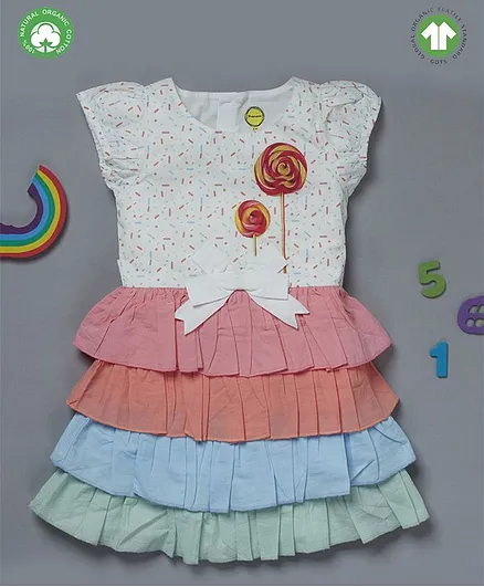 Pranava Short Sleeves Candy Print Multi Layer Dress - White