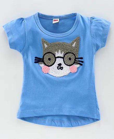 Ojos Half Sleeves Top Cat Embroidery - Blue