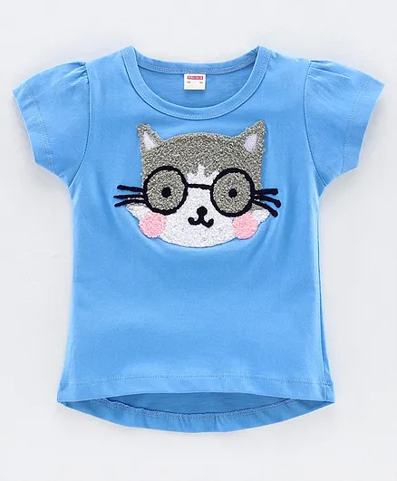 Ojos Half Sleeves Top Cat Embroidery - Blue