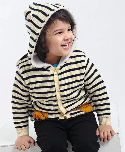 Babyhug Full Sleeves Hooded Sweater - Black White