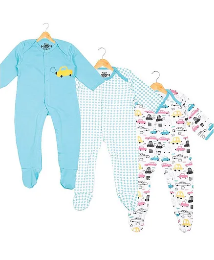 The Mom Store Footed Pack of 3 Full Sleeves Cars Print Sleep Suit Set - Blue