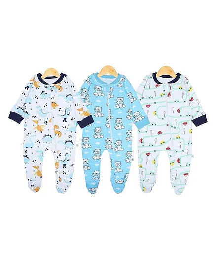 The Mom Store Pack of 3 Full Sleeves Bear Print Sleep Suits - Blue