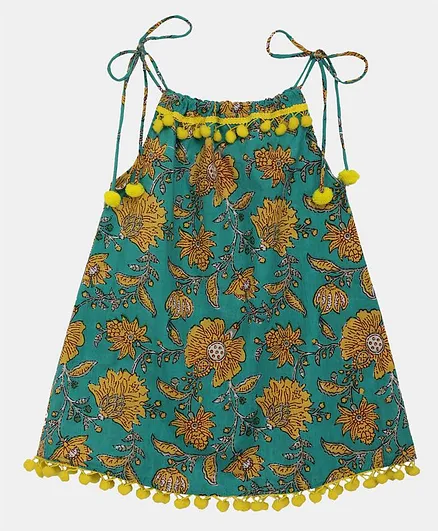 BownBee Sleeveless Pom Pom Laced Flower Print Top - Green