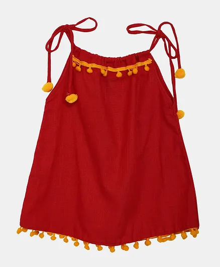 BownBee Sleeveless Pom Pom Lace Top - Red