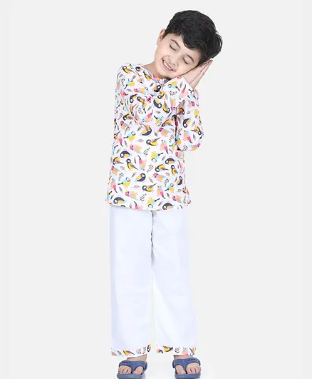 BownBee Full Sleeves Toucan Print Night Suit - White