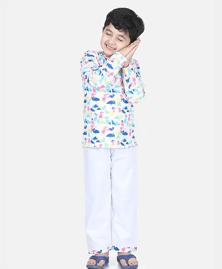 BownBee Full Sleeves Flamingo Print Night Suit - Blue