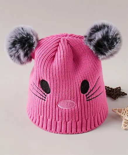 Babyhug Acrylic Cotton Woollen Cap Mouse Design Pink - Diameter 13 cm