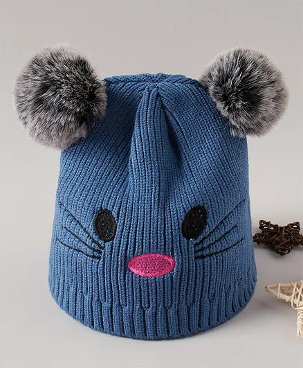 Babyhug Acrylic Cotton Woollen Cap Mouse Design Blue - Diameter 11cm