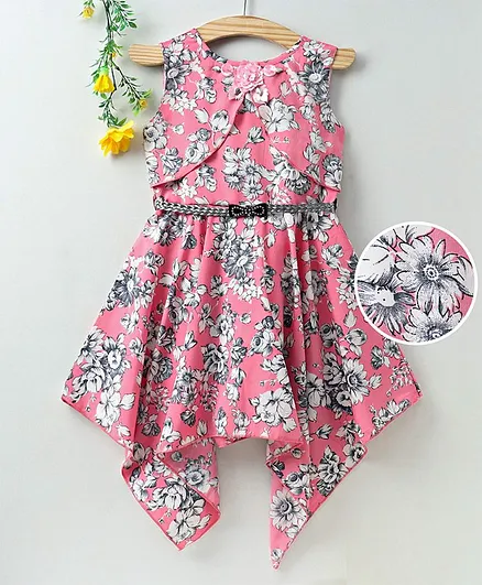 Enfance Core Sleeveless Flower Printed Asymmetrical Dress - Pink