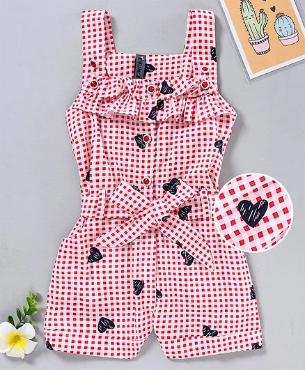 Enfance Core Sleeveless Checks & Hearts Printed Jumpsuit - Red