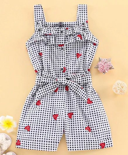 Enfance Core Sleeveless Checks & Hearts Printed Jumpsuit - Navy