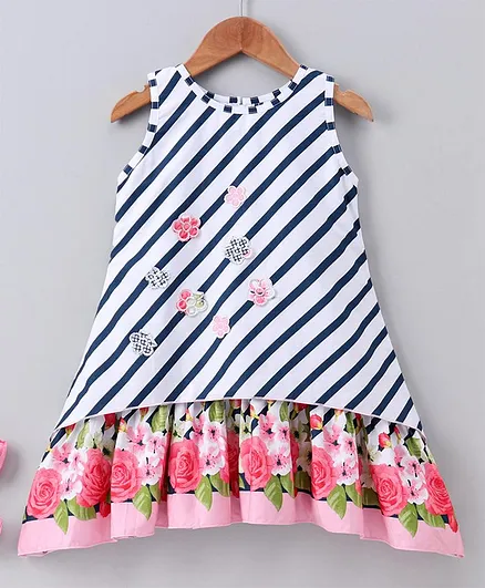 Enfance Core Sleeveless Striped & Floral Print Dress - Peach