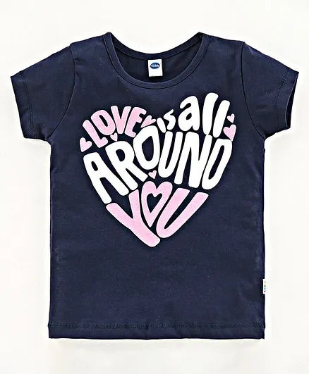 Teddy Half Sleeves Top Text Print - Navy
