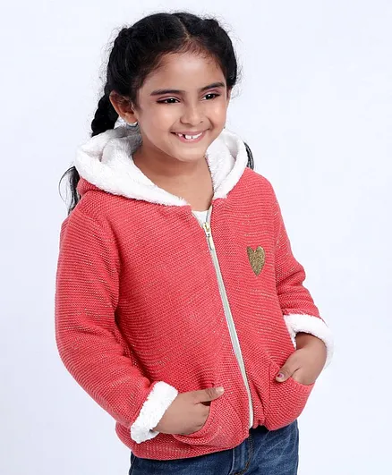 Babyhug Full Sleeves Front Open Sweater Heart Patch - Pink