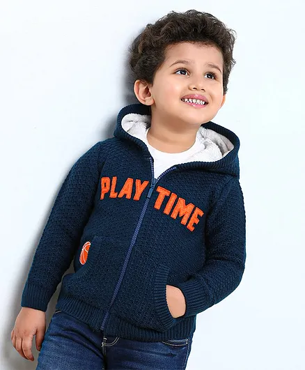 Babyhug Full Sleeves Sweater With Hood & Basketball Embroidery - Blue