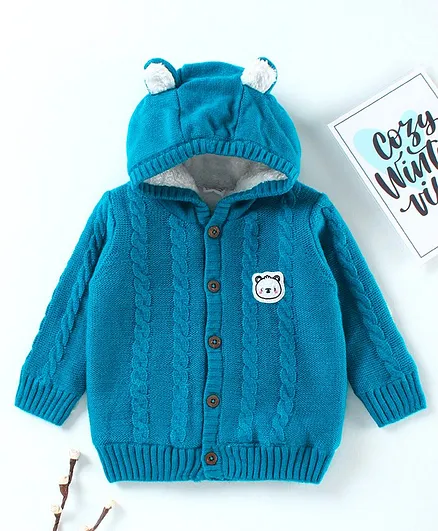 Babyhug Full Sleeves Front Open Sweater With Hood - Blue