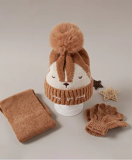 Babyhug Woollen Cap Glove Muffler Set - Brown