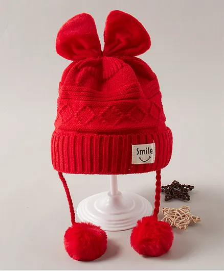 Babyhug Woolen Cap with Bow Motif and Pom Pom Red - Diameter 10.5 cm